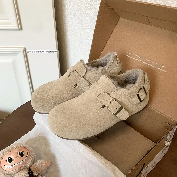 网红牛翻皮棉鞋冬季极简学院风休闲雪地靴平底内增高勃肯鞋毛毛鞋