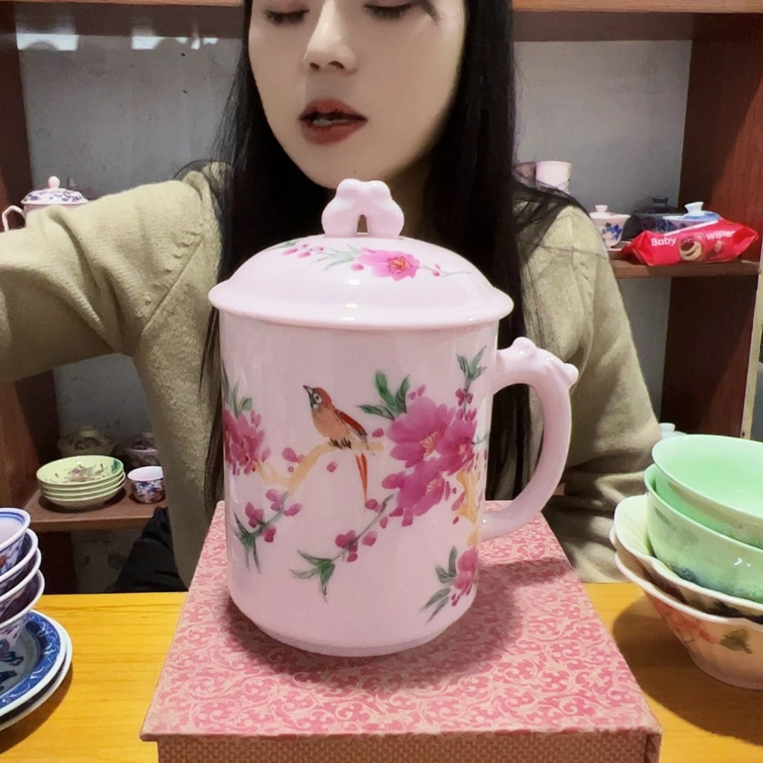 摆件陶景德镇红xixi水点桃花办公杯