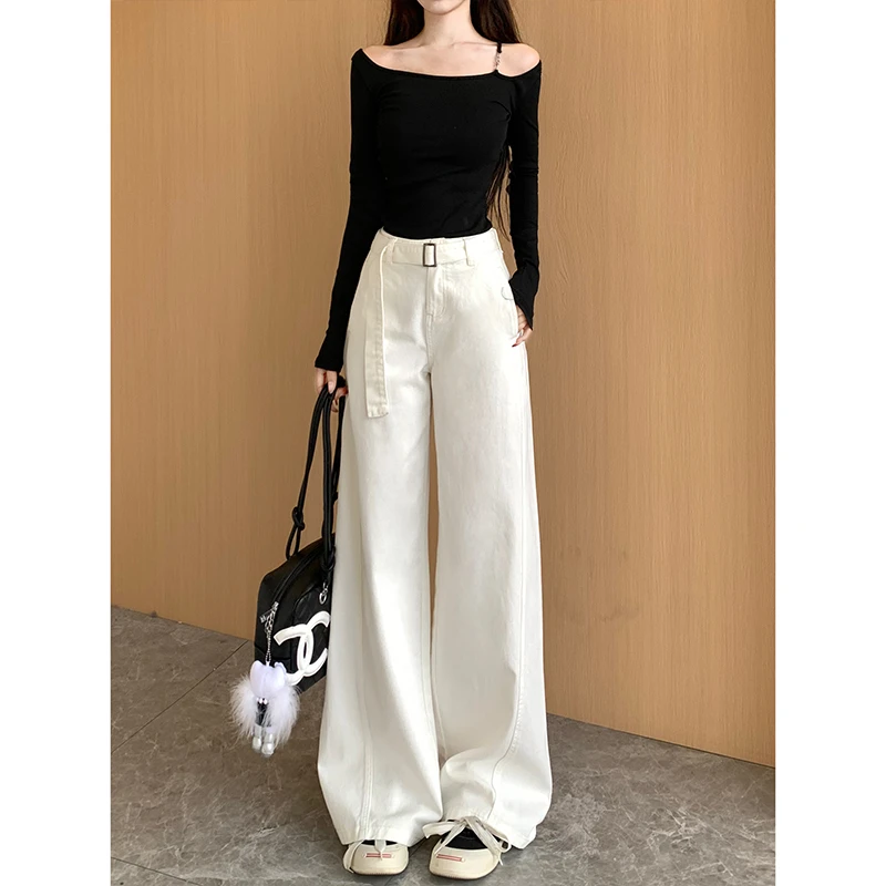 设计感腰带白色高腰阔腿牛仔裤女2025秋季新款宽松百搭垂顺长裤