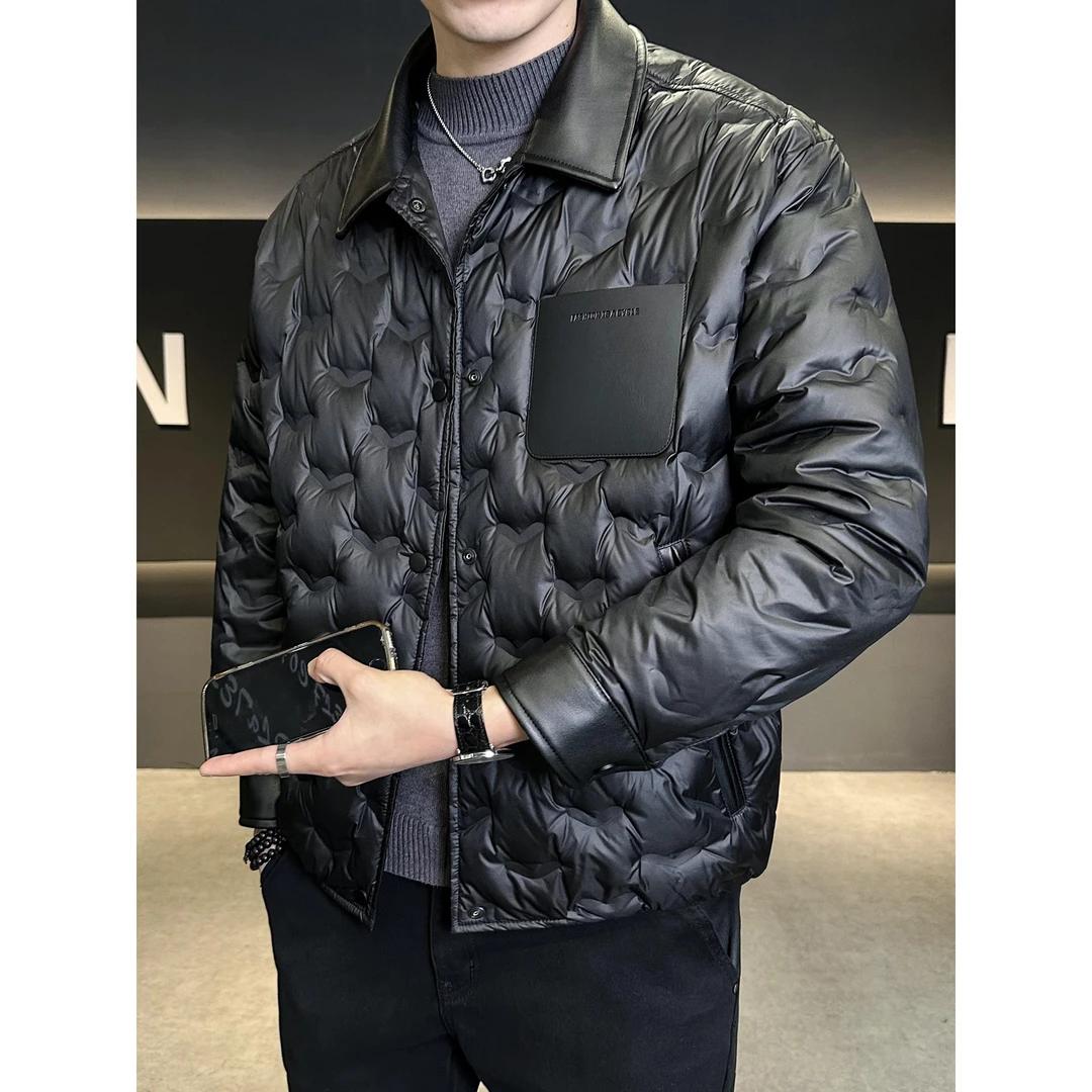 保罗轻薄羽绒服男款冬季2025新款翻领拼皮商务款高级感防寒衣服外