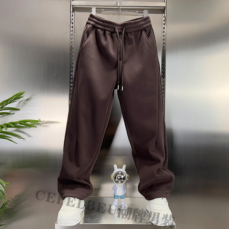 【加绒】卫裤男时尚潮流秋冬加绒加厚日系休闲宽松纯色直筒休闲裤子
