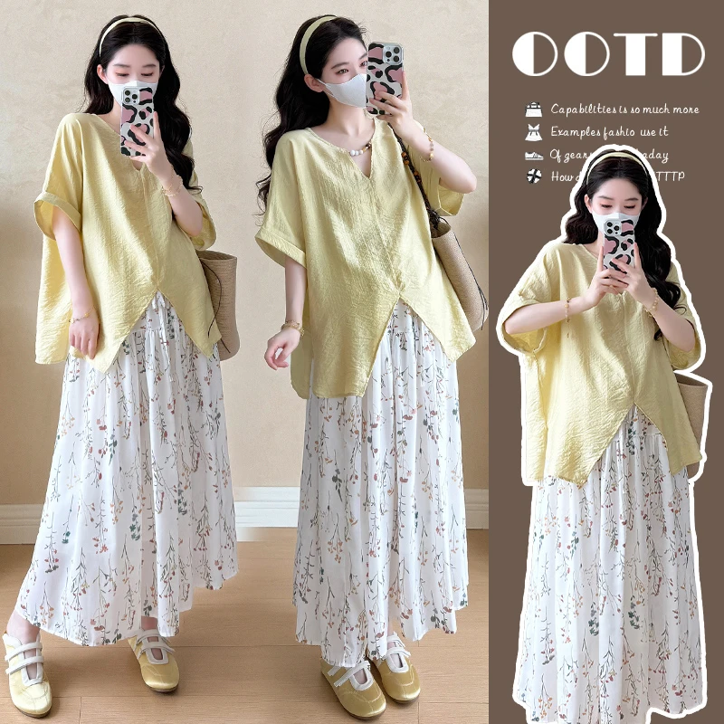 2025孕妇装夏季休闲宽松衬衣碎花半身裙短袖套装洋气时尚