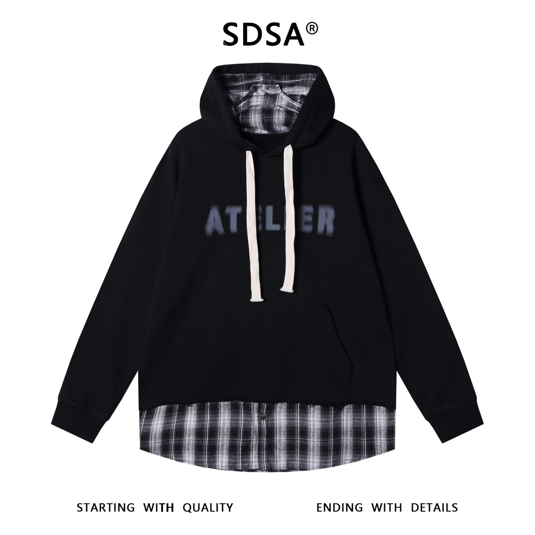 SDSA秋冬新款痞帅男装美式印花字母抽绳连帽卫衣格子拼接设计百搭