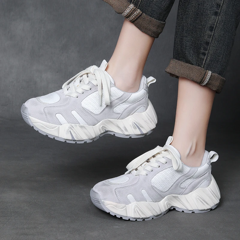 真皮拼色老爹鞋女2025春季新款厚底增高休闲鞋显瘦百搭时尚单鞋