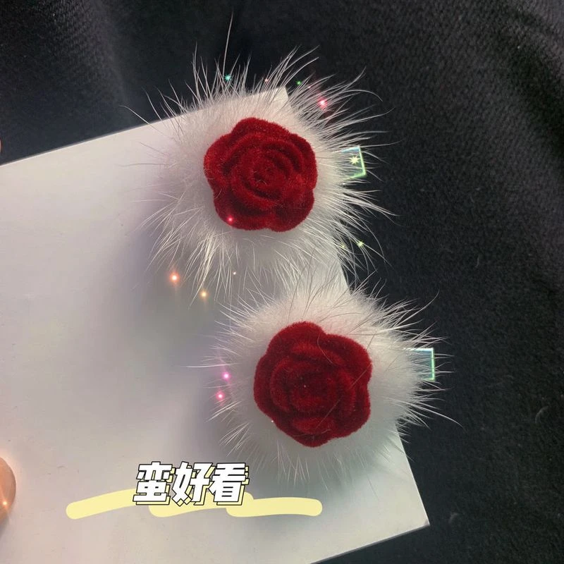 秋冬新款植绒玫瑰花毛茸茸发侧边夹刘海夹鸭嘴夹ins超仙甜美发饰
