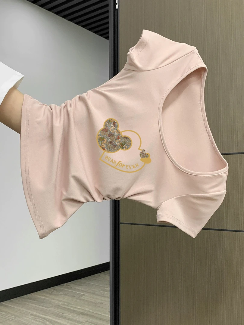 纯欲U领夏季新款正肩小上衣减龄甜美粉色露锁骨收腰显瘦短袖t恤女