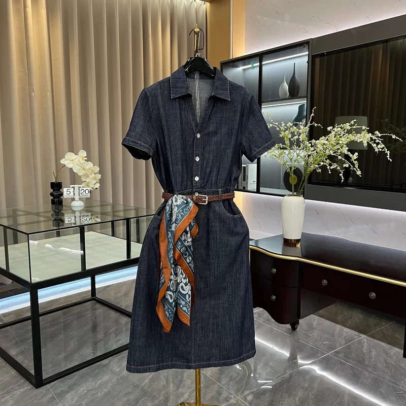 老钱风披巾薄款复古蓝牛仔连衣裙收腰百搭显瘦GK-268