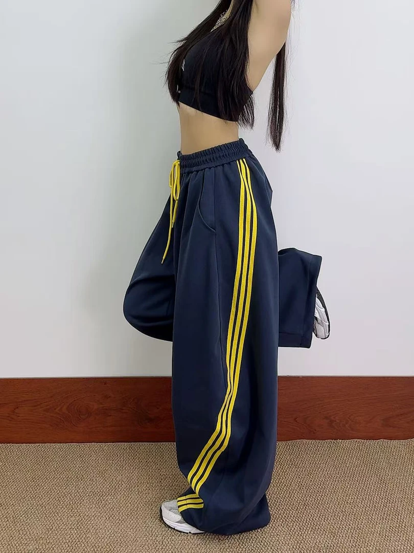 宽松条纹常规款运动裤透气休闲裤卫裤高腰百搭显瘦弯刀裤