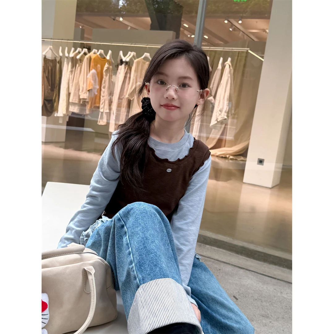 LJ-72268-TBB女童牛仔裤2025秋季新款韩版拼接直筒休闲（秋款）