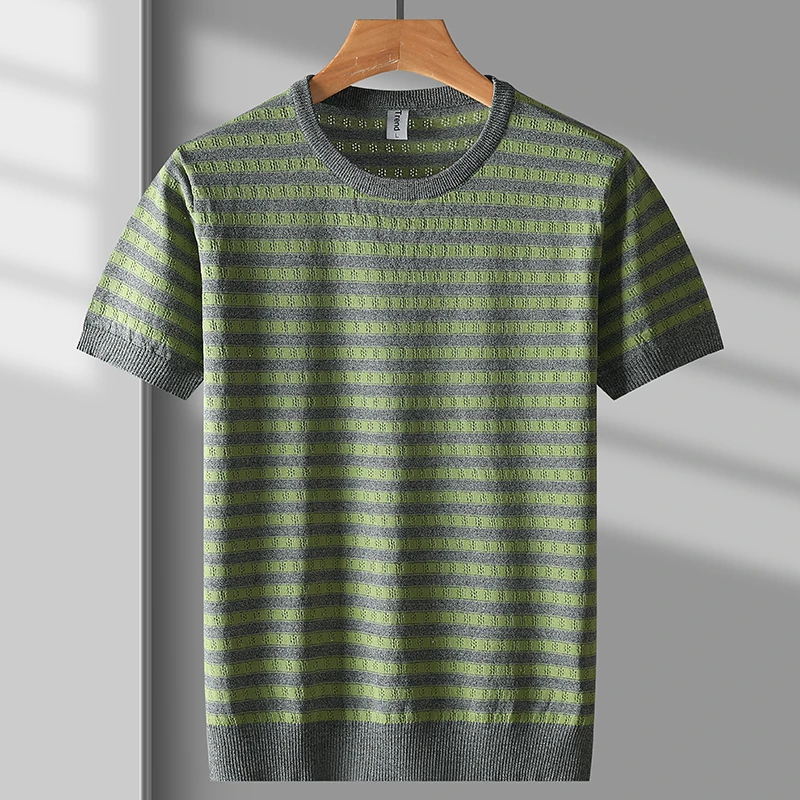 纽斯赫肯高端冰丝短袖t恤男士夏季条纹撞色宽松镂空凉感休闲短T恤