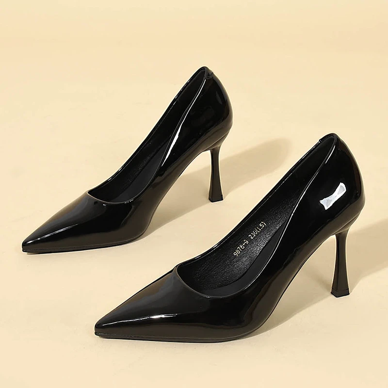 真皮羊皮气质性感浅口百搭女单鞋黑色尖头侧空高跟鞋鞋子凉鞋职业