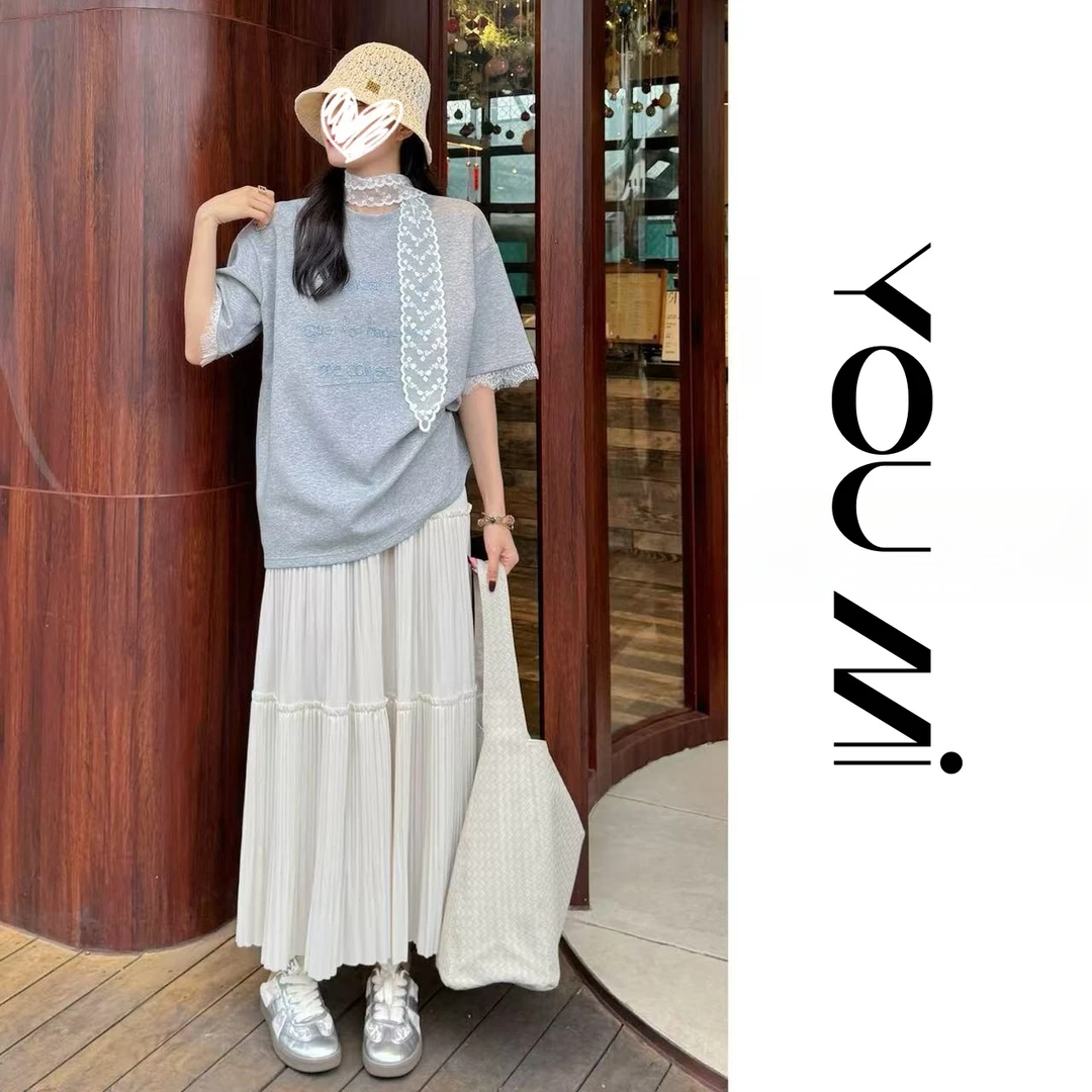 2025新款竖纹半身裙子时尚百搭女装松紧高腰显瘦长款a字裙8390