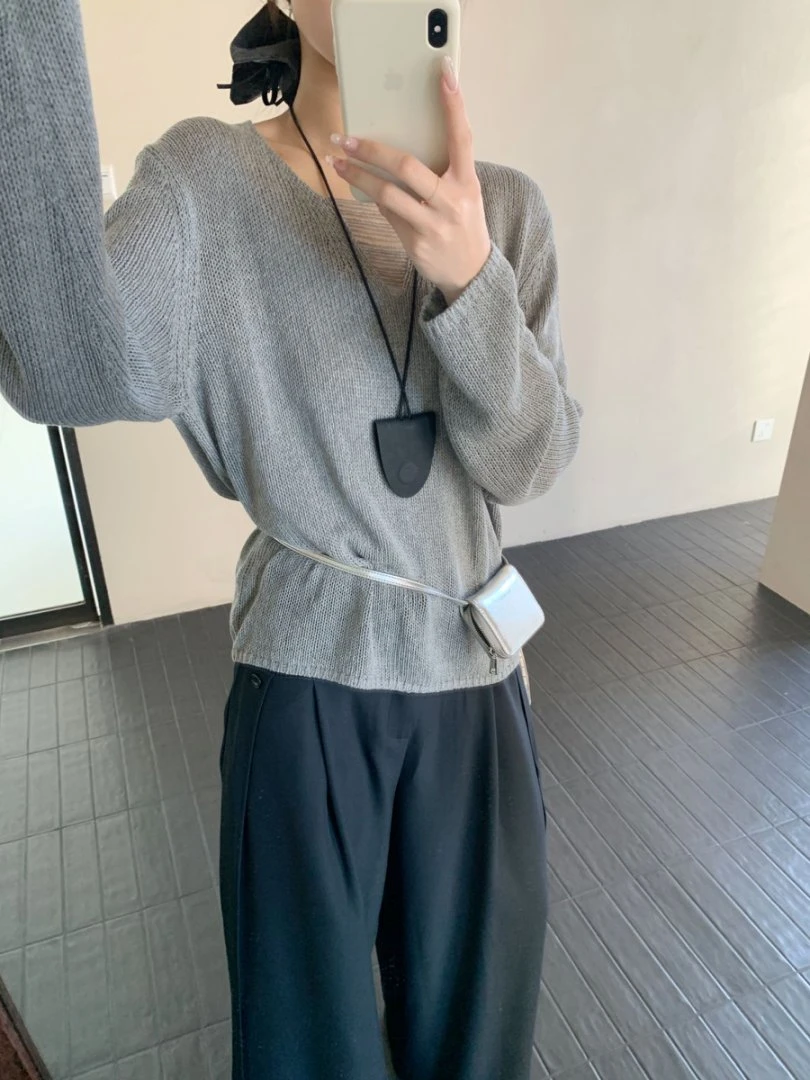 【素简.960161】春款上新天爽亚麻领口破洞镂空设计女装混纺针织衫