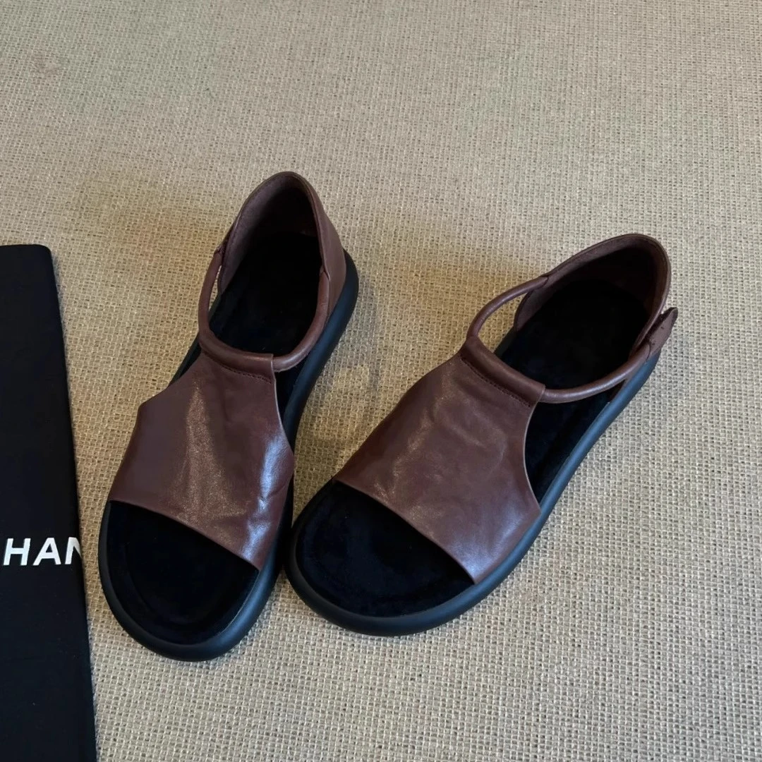 版~小众复古厚底露趾凉鞋女夏季新款镂空休闲平底罗鞋