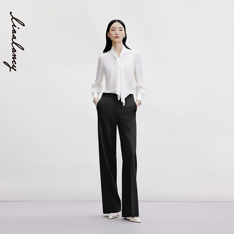 LANCY/朗姿2024秋季新款纯羊毛黑色宽松通勤西裤女长款直筒百搭裤