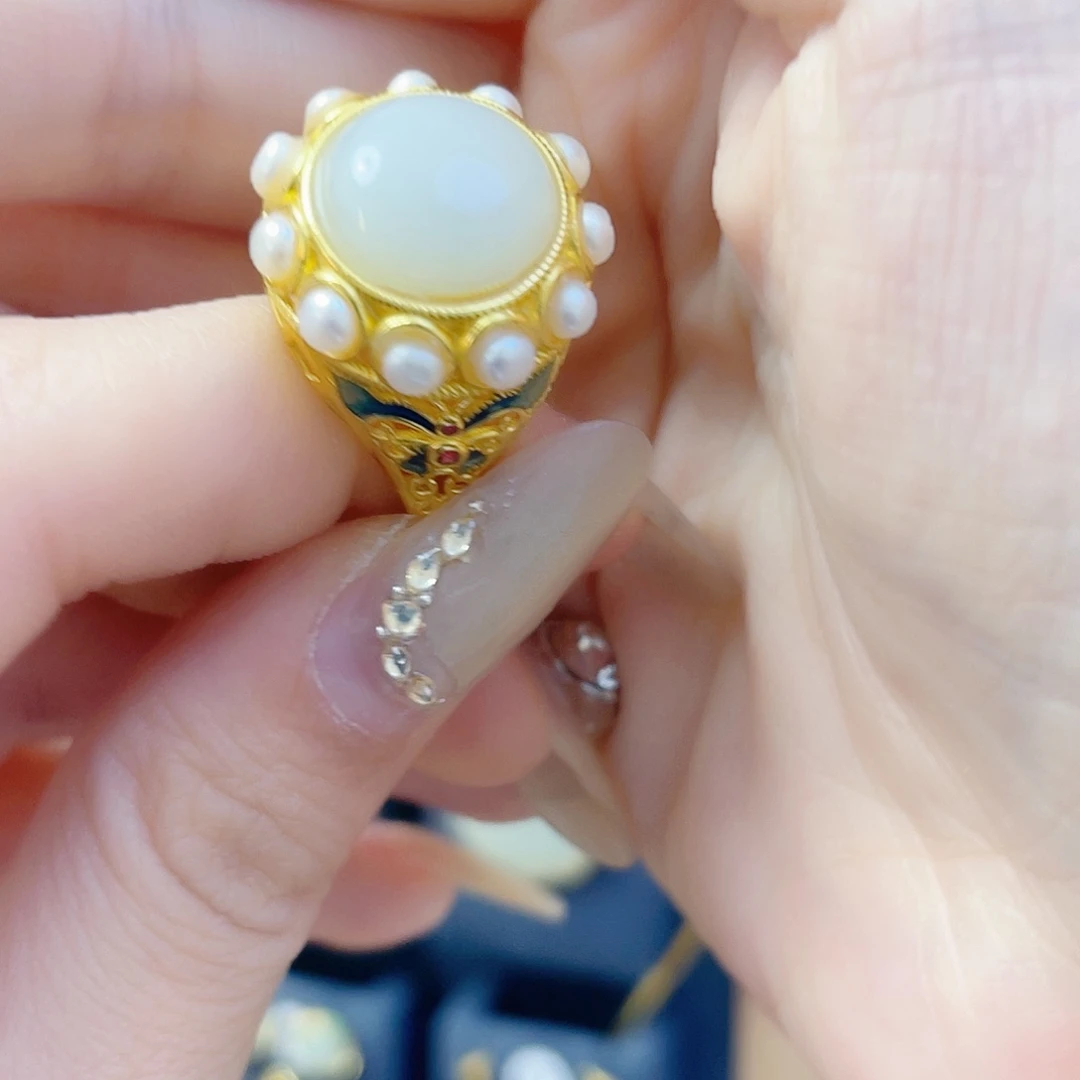 和田玉银S925镀金镶嵌戒指