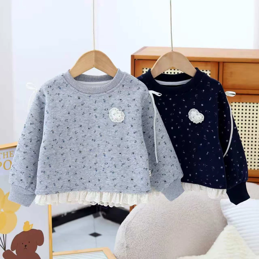 女童卫衣宝宝儿童拼接花边蝴蝶结卡通休闲碎花套头秋冬加厚长袖