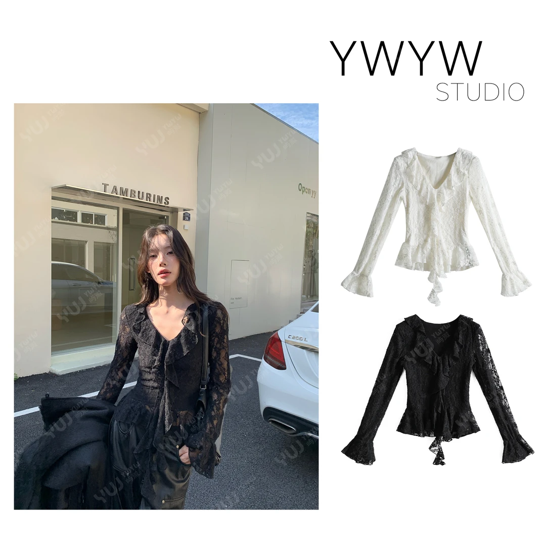 【YWYW25F/W】荷叶边蕾丝镂空喇叭袖口打底上衣5782