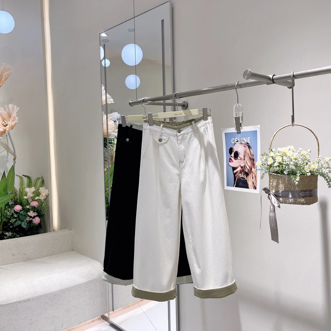 艾然  5a6581春季新时尚撞色卷边高腰显瘦牛仔阔腿女气质潮