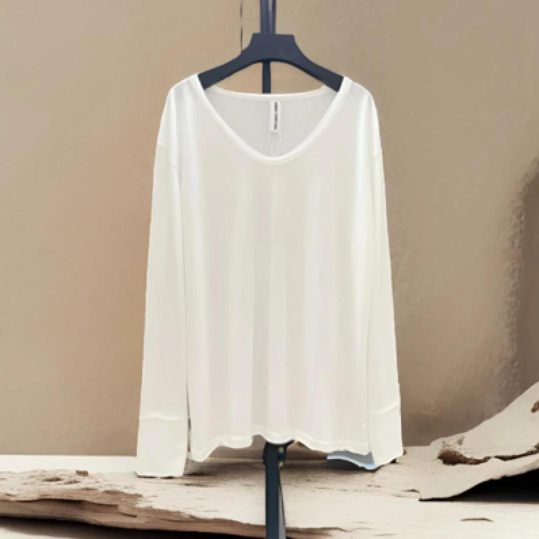 极简白色春夏时尚设计师简约风常规吸汗T恤白色V领长袖简约少女风
