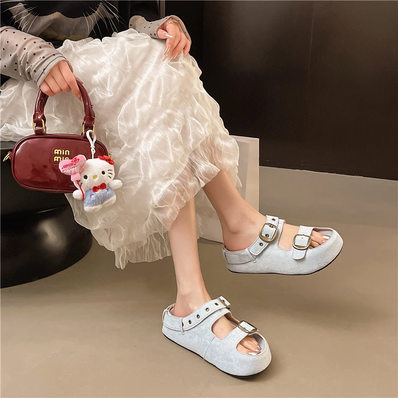 2025年夏季新款休闲外穿皮带扣勃肯凉拖鞋厚底时尚沙滩一字拖鞋女