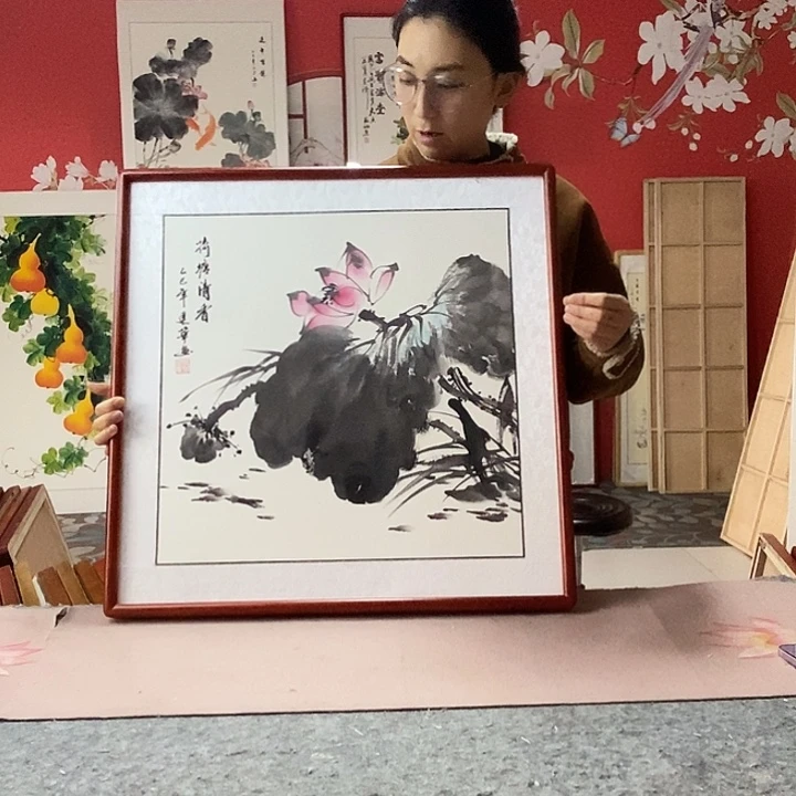 国画手写手绘带框包邮国画作品62✖️62