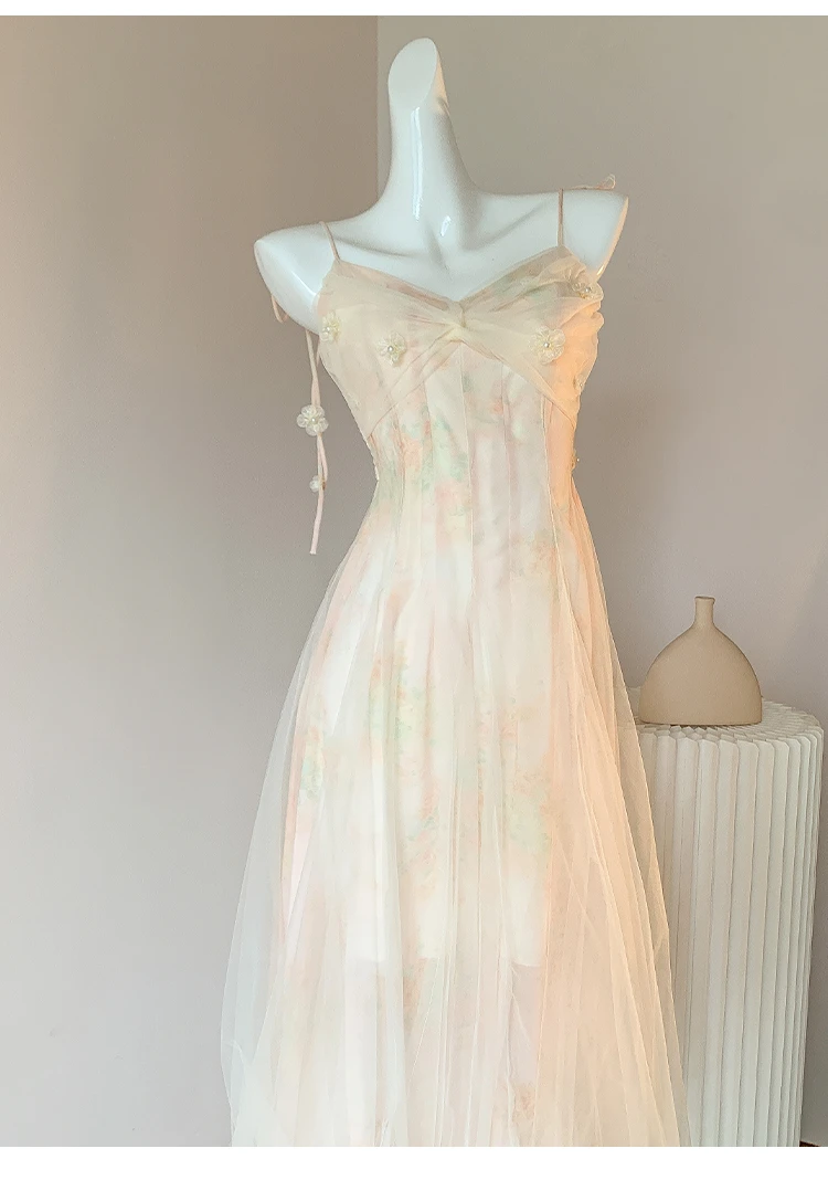 冰冰来了【日落繁花】仙女海边度假风吊带长裙印花A字连衣裙27162