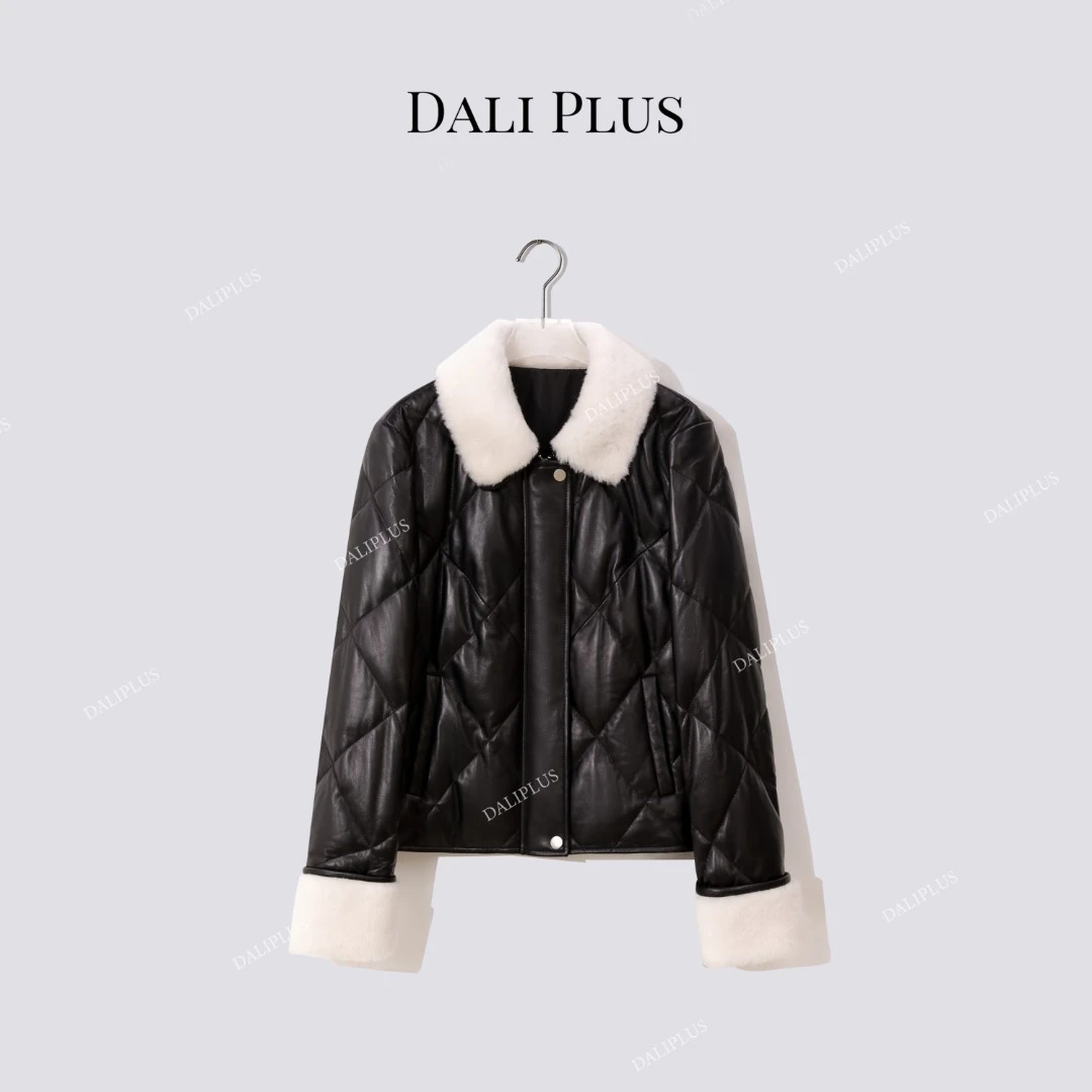 DALI PLUS“摩登女孩”100羊皮革90鹅绒羊毛翻领羽绒服-D5CH5061