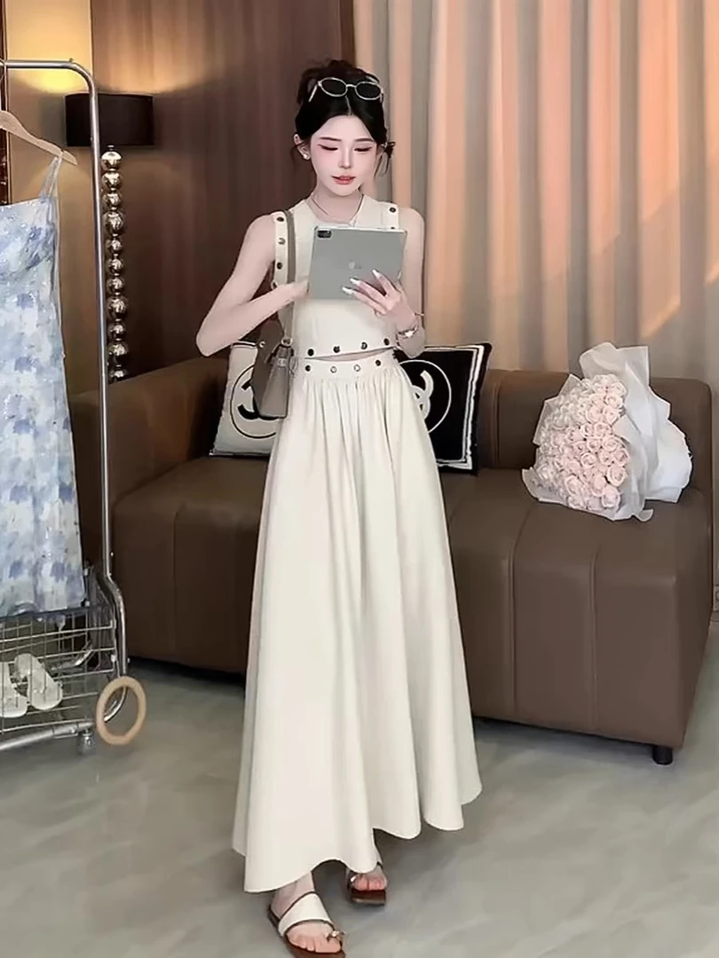 法式套装连衣裙吊带显瘦气质长裙时尚夏季轻奢收腰中长款无袖