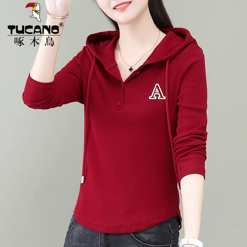 啄木鸟正品纯棉新款弧形下摆显瘦T恤秋季百搭减龄长袖时尚连帽纽