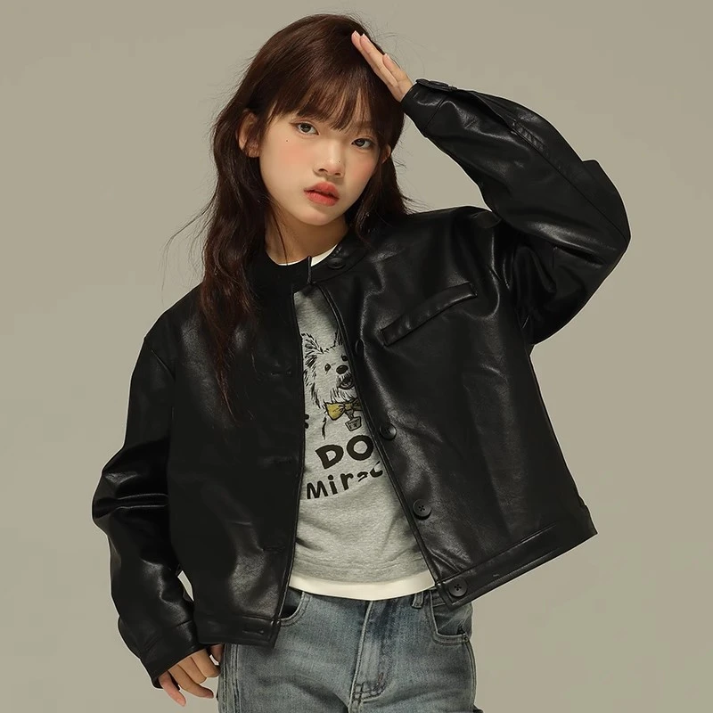 小女森女童春秋外套黑色质感短款皮衣儿童pu皮圆领机车夹克上衣女