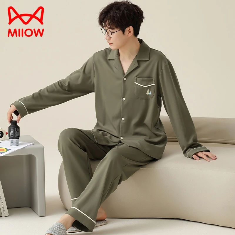 猫人纯棉睡衣男士2025新款春秋款长袖大码爆款家居服套装可外穿