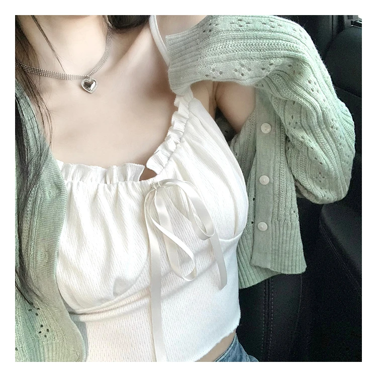 韩系温柔短款针织开衫外套女早春秋外搭V领镂空修身小衫掐腰上衣