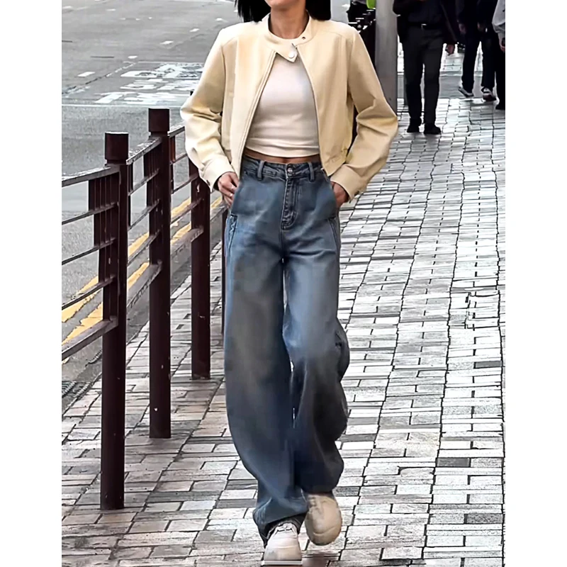 美思源高腰弯刀牛仔裤女2025春季新款宽松复古港风垂感直筒阔腿裤