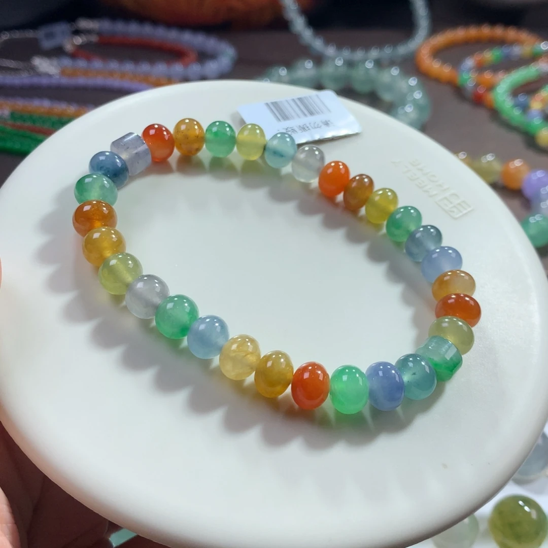 翡翠未镶嵌手链强烈推荐！性价比高冰浓彩多宝鼓珠手串 卡7.7~8.2