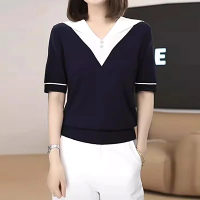 2025夏季新款女士短袖显瘦减龄翻领针织衫T恤宽松洋气冰丝上衣服-
