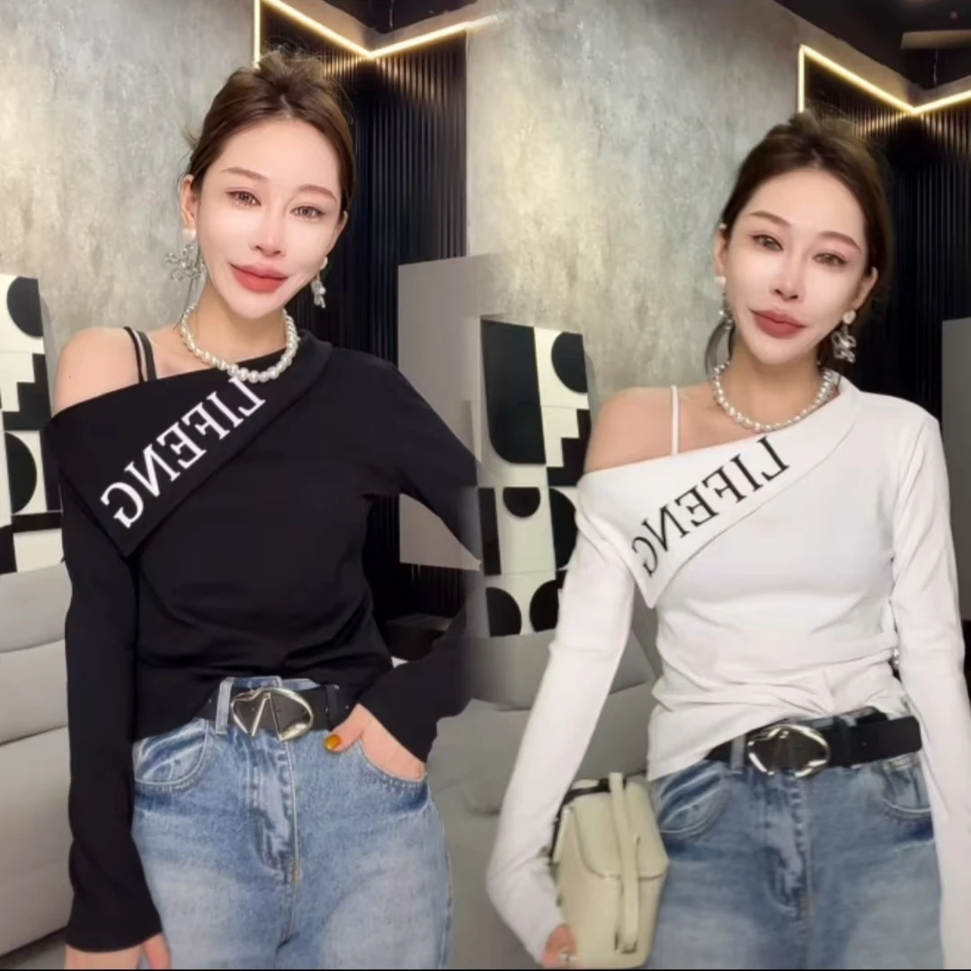 516打底衫女装春新性感斜肩低领时尚洋气修身显瘦上衣气质个性潮