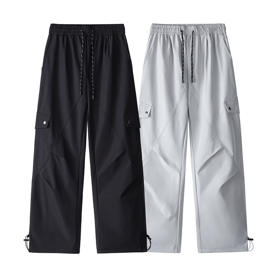 G美式复古纯色褶皱直筒宽松可调节抽绳多口袋伞兵休闲裤男女同款