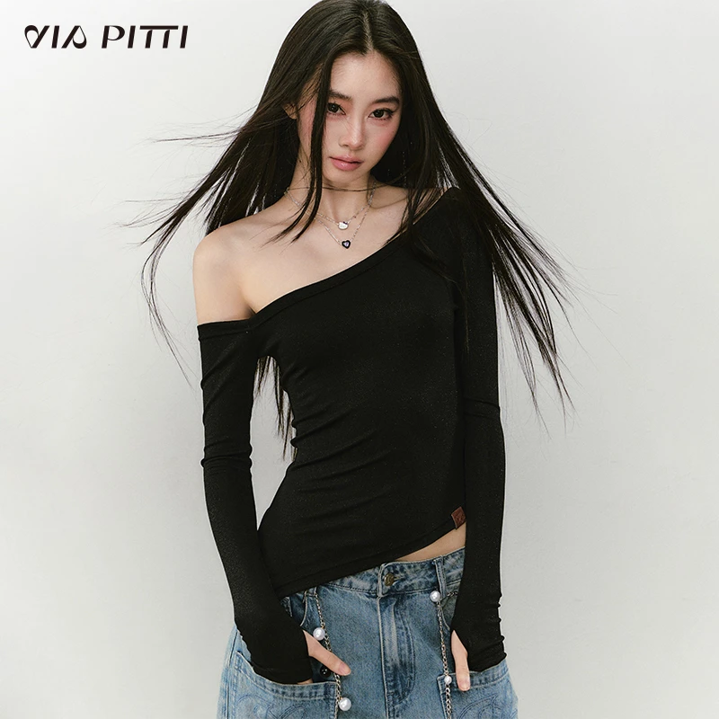 ViaPitti【官方专属】细闪设计感斜肩显瘦长袖T VIABTP409