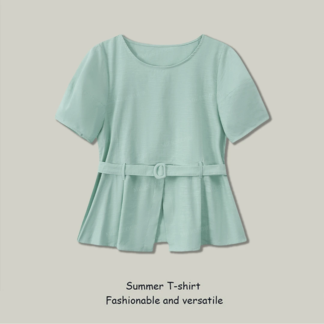 短袖T恤女2025夏季新款绑带拼接纯色简约休闲风显瘦百搭休闲上衣