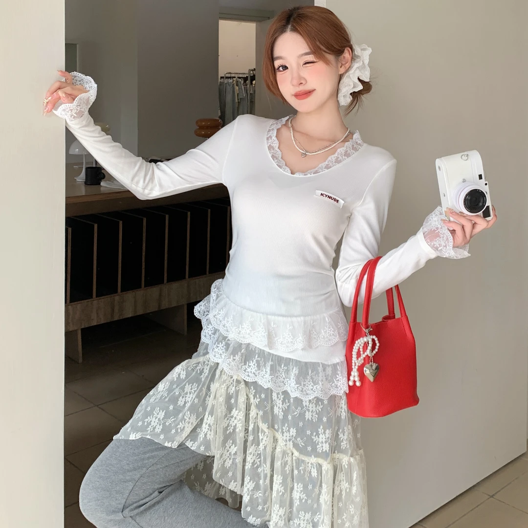 ICYNUDE 官方店蕾丝收腰上衣设计感修身显瘦拼接长袖T恤女新款