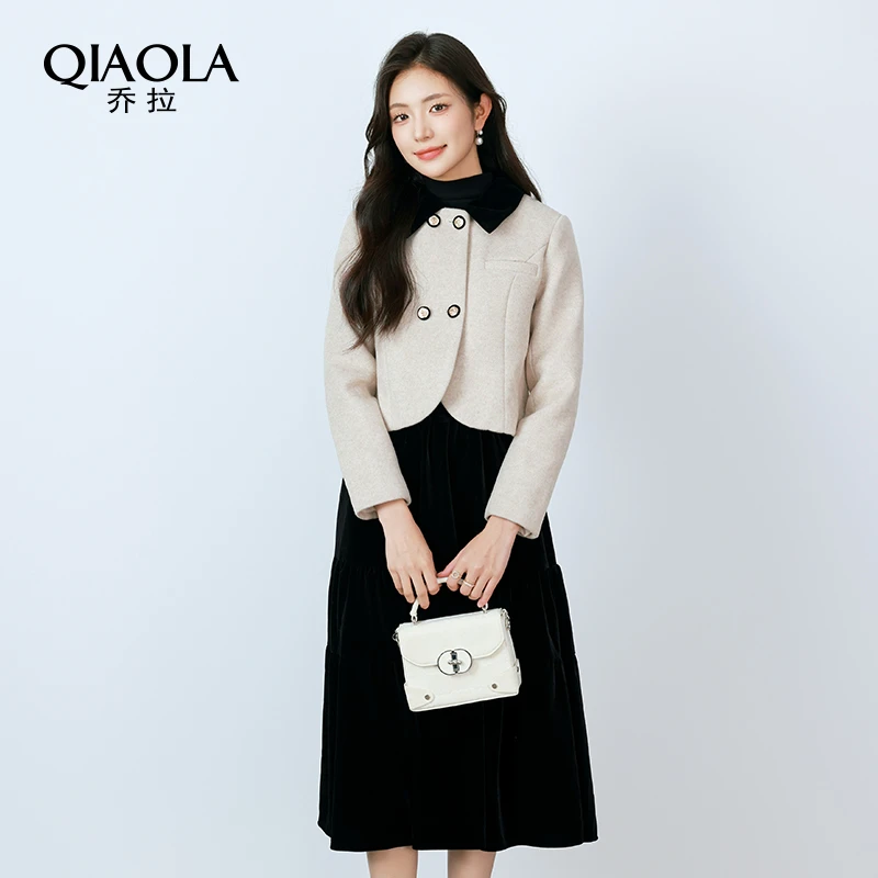 QIAOLA/乔拉【丽斯小姐】小众设计定制撞色翻领丝绒木耳边外套套装