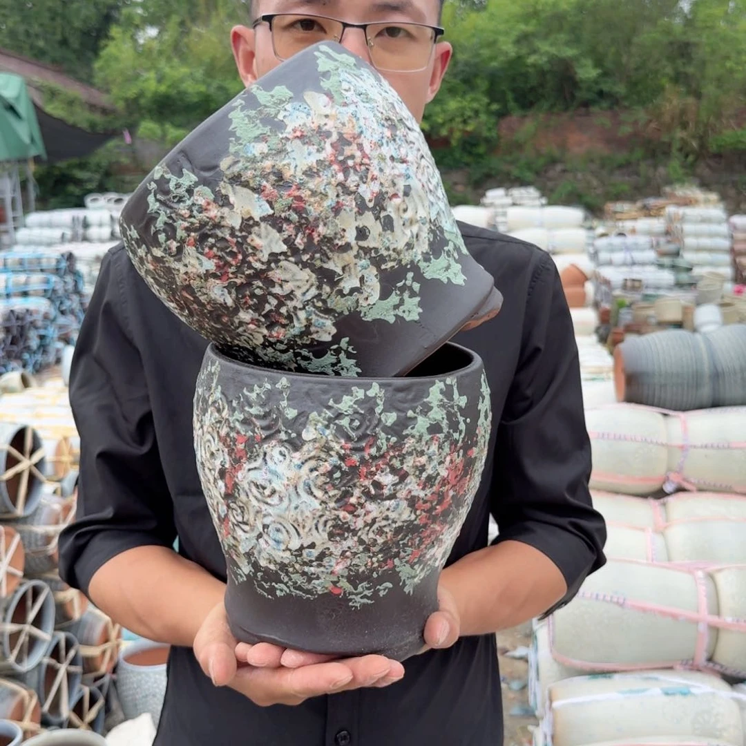 紫砂花盆口18高20（两个玫瑰花黑色泼墨武