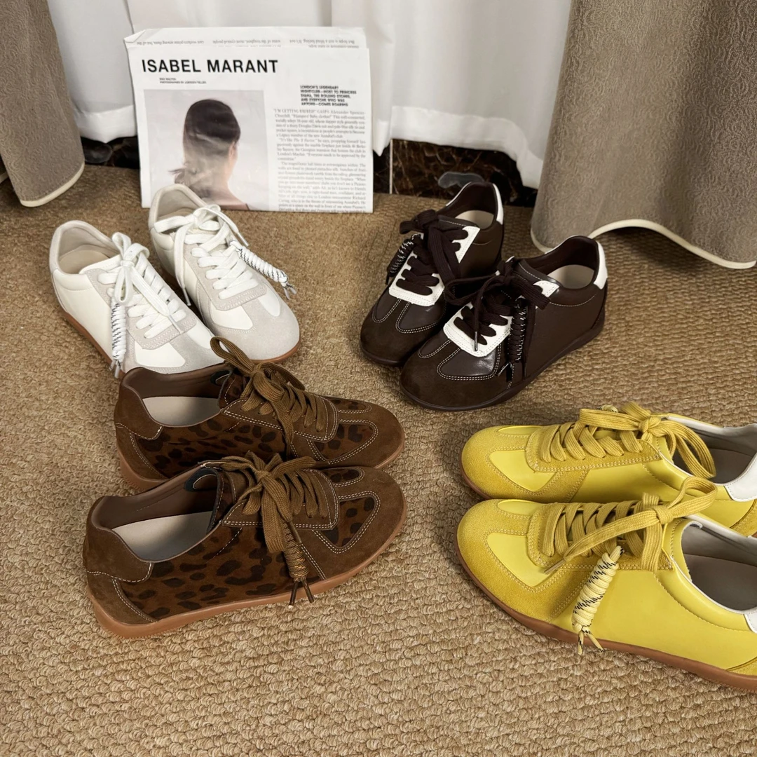 真皮复古经典德训女款爆款绳结系带拼色圆头百搭增高运动豹纹鞋