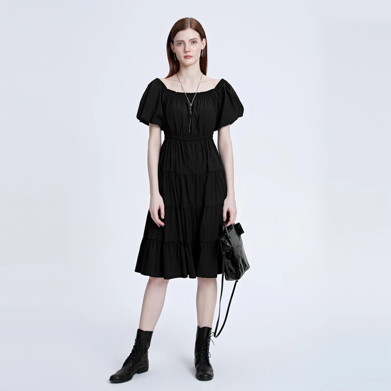 S·DEER圣迪奥女装夏季时尚方领抽褶泡泡袖不规则连衣裙S22261229