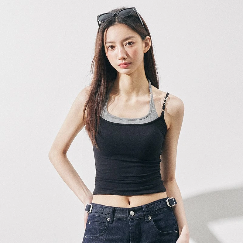 RPB BRAND撞色假两件挂脖吊带背心女外穿修身辣妹百搭内搭上衣夏