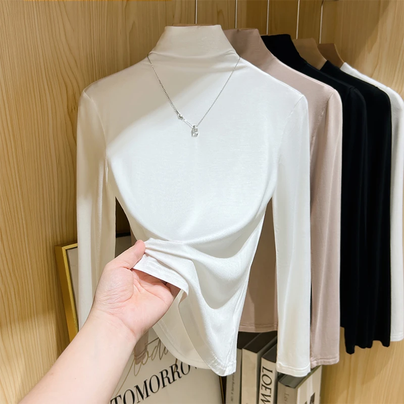 高领牛奶丝秋衣女外穿春秋修身显瘦内穿长袖上衣打底衫2025潮内搭