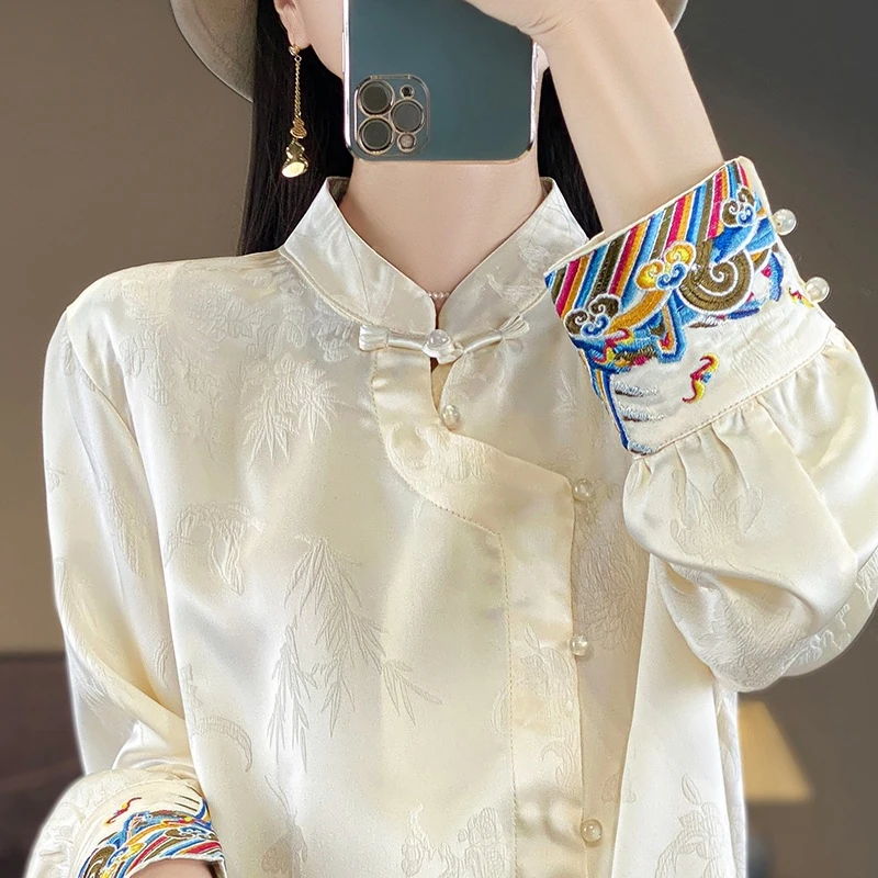 衬衫高级感外套缎面女士上衣立领春季宽松国风新中式唐装仿真丝