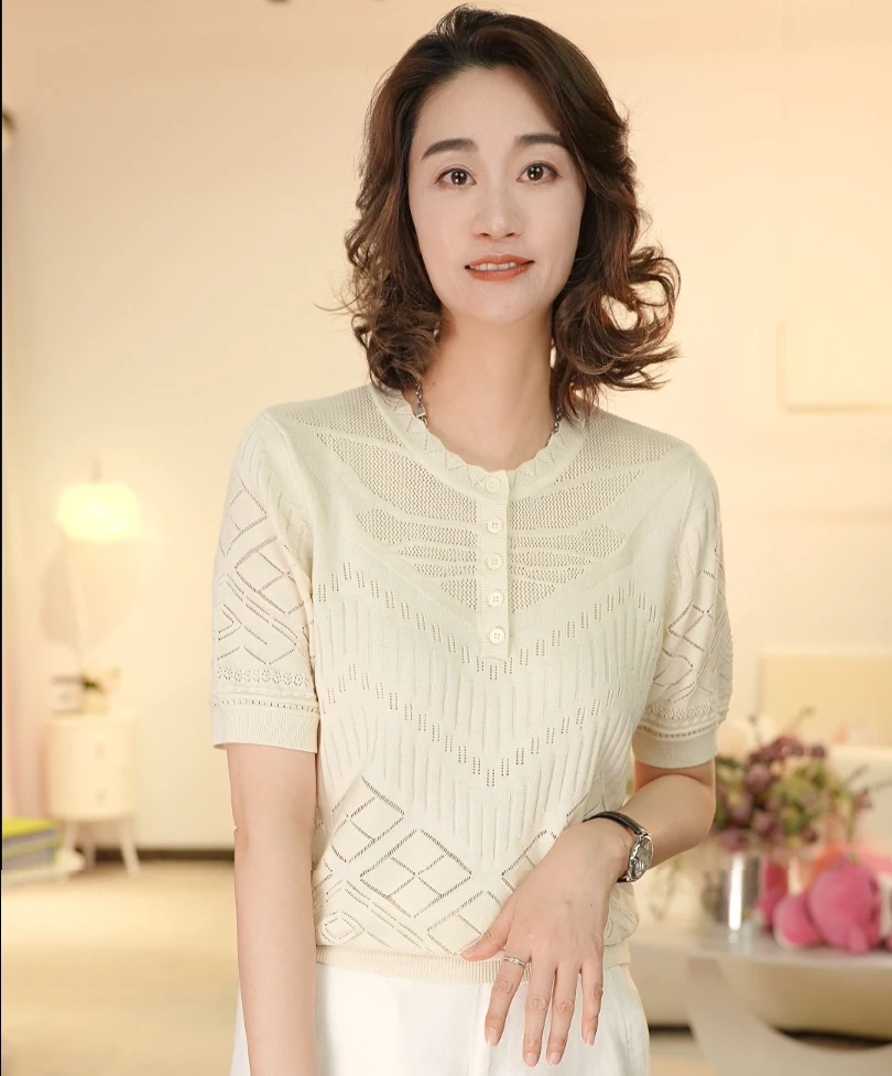 桑蚕丝凉感舒适圆领针织衫调整型镂空短袖女装夏季休闲百搭2846