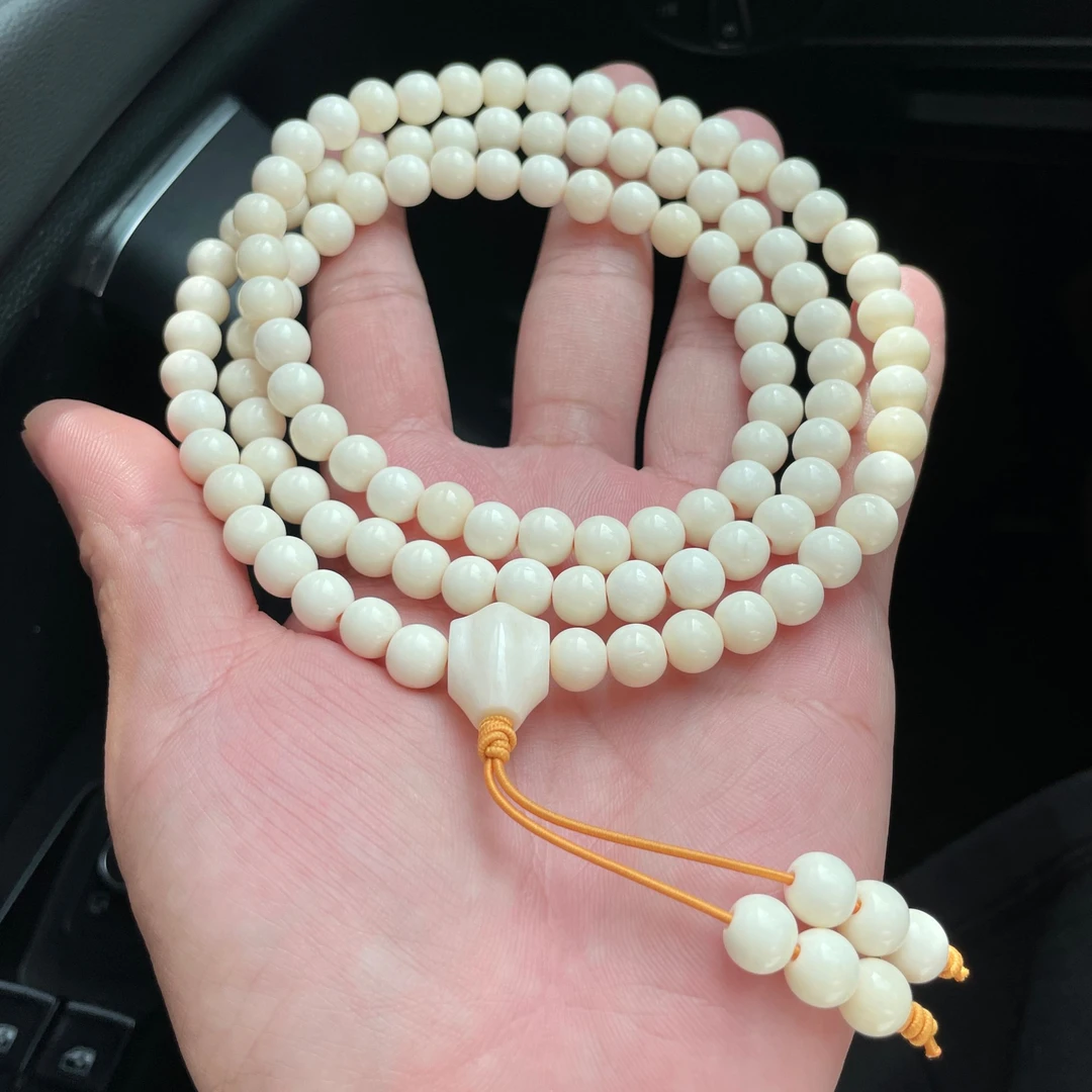 微瑕 有棕眼 8mm 圆珠108鲨鱼背三通鹿角手串 质地细腻 高密高度